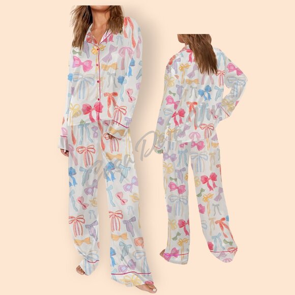Soft Silky Oversized Pastel Bows Ribbona Wide Leg PJs 2 pc Set - Picture 1 of 10
